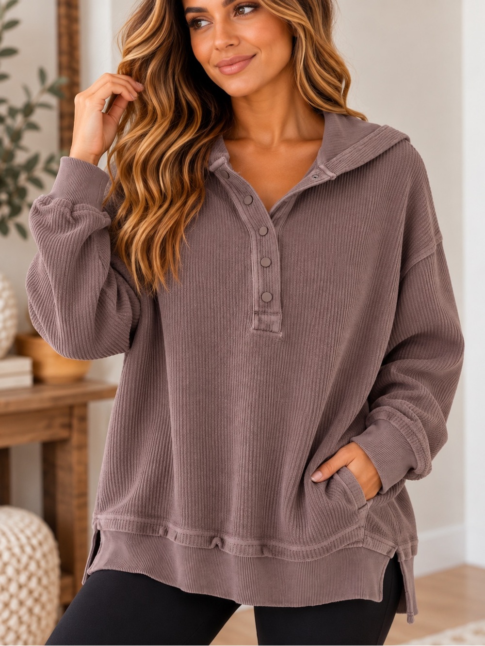 Aerie Ribbed Hooded Henley Oversized Sweatshirt Lounge Comfy Sz M
